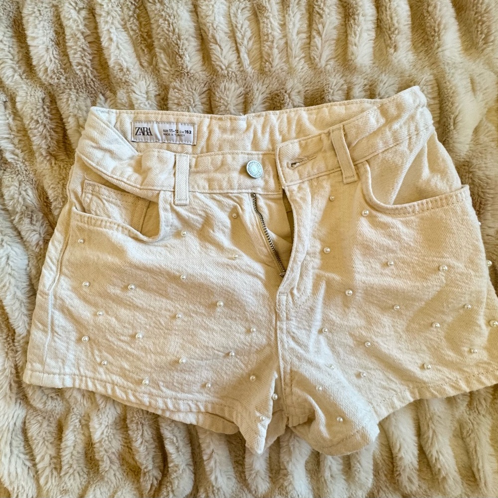 Zara Pearl-Embellished Cream High-Waist Jean Shorts